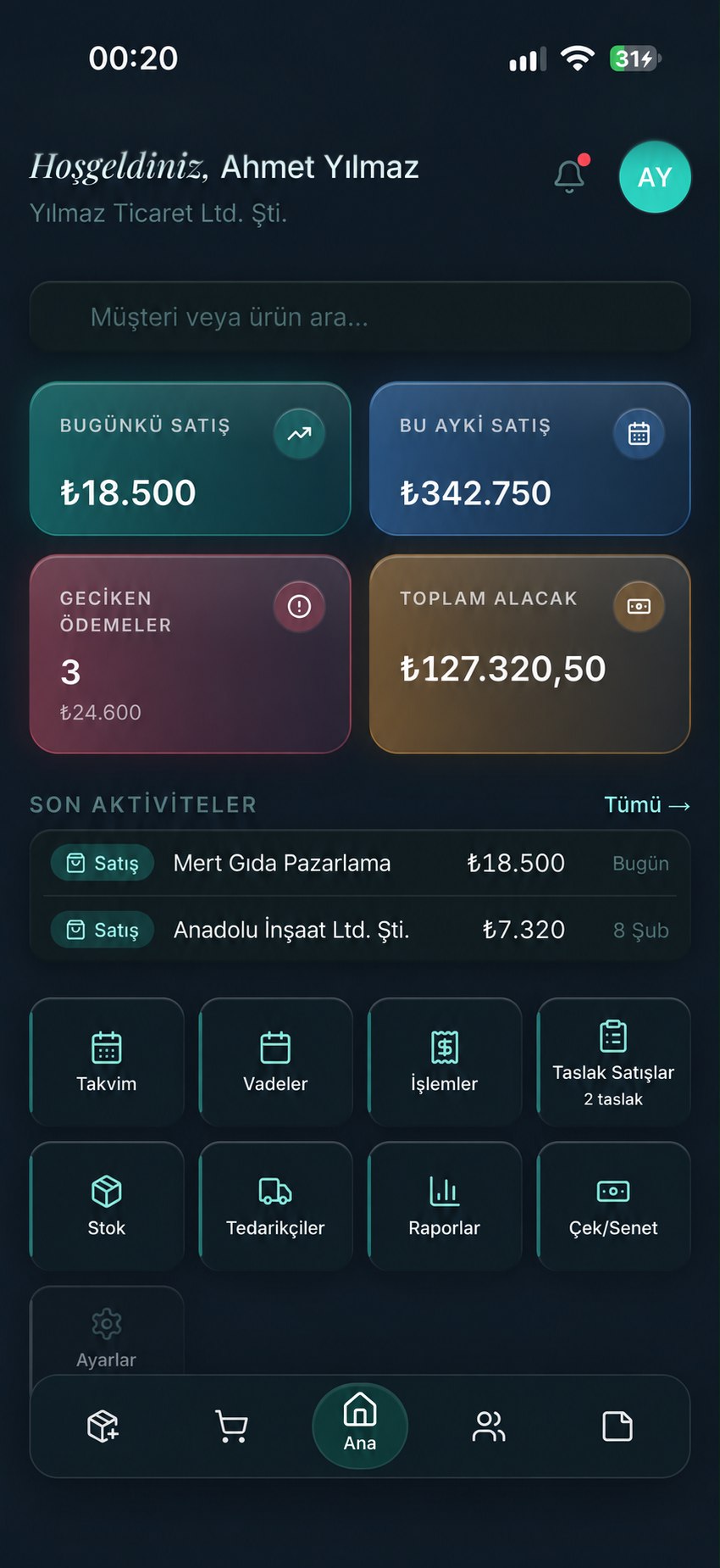 CariPro mobil uygulaması: günlük satış, alacak ve son aktiviteler